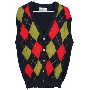 7606 * Clark & Gregory Argyle Sweater Vest Navy Blue Red Size XL Scotland